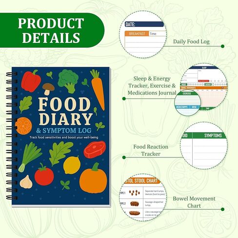 يوميات غذائية مدتها 75 يومًا ومجلة تعقب الأعراض لصحة الأمعاء - IBS، FODMAP، كتاب سجل الحساسية والعافية | مخطط صحة الجهاز الهضمي المحمول بحجم B5 مع ورق مانع للنزف 100 جرام في المتر المربع، غلاف محمي بطبقة من PVC 300 جرام في المتر المربع in Kuwait