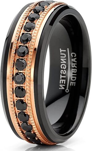 Metal Masters Co. Men Tungsten Black & Rose Goldtone Wedding Band Hammered Eternity Ring CZ Comfort-Fit 8MM in Saudi Arabia