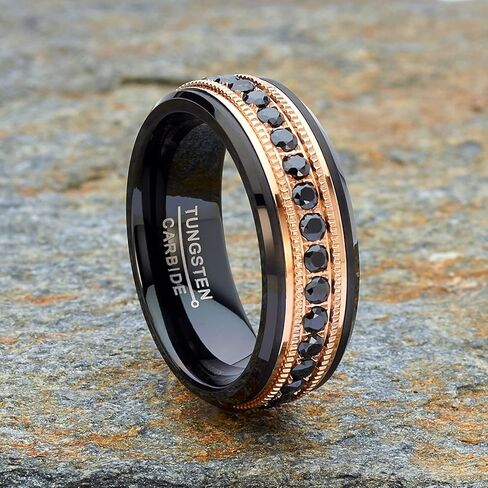 Metal Masters Co. Men Tungsten Black & Rose Goldtone Wedding Band Hammered Eternity Ring CZ Comfort-Fit 8MM in Saudi Arabia