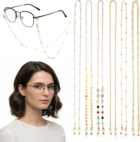 6 Pcs Beaded Eyeglasses Chain Gold Glasses Strap Holder Chain for Women Men Eyeglasses Link Lanyard Around Neck Cords Eyewear Retainer Accessory Chains Mask Chains Reading Glass Strap in Saudi Arabia