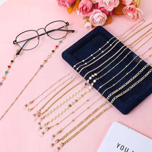 6 Pcs Beaded Eyeglasses Chain Gold Glasses Strap Holder Chain for Women Men Eyeglasses Link Lanyard Around Neck Cords Eyewear Retainer Accessory Chains Mask Chains Reading Glass Strap in Saudi Arabia
