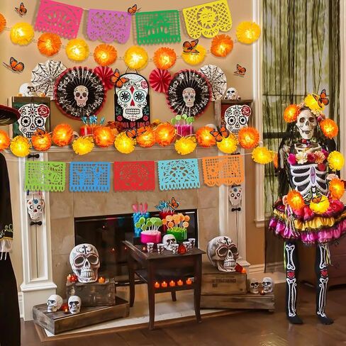 مجموعة ديكورات يوم الموتى من Roberly مكونة من 58 قطعة، 2 إكليل قطيفة، 9 لافتات بيكادو بابيل، 30 زهرة قطيفة، 9 جمجمة سكر، 12 فراشة زائفة، 7 كرات ورقية للديوالي الهندي ديا دي لوس مويرتوس in Kuwait