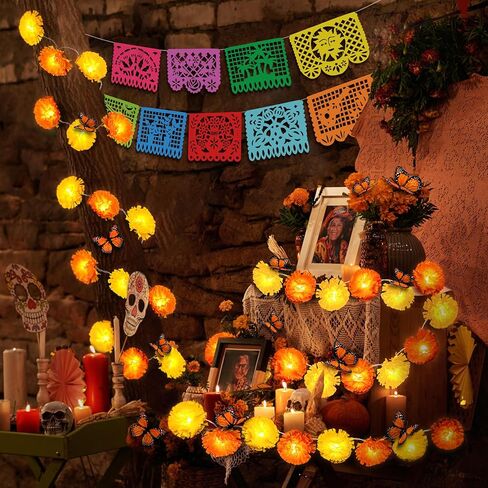 مجموعة ديكورات يوم الموتى من Roberly مكونة من 58 قطعة، 2 إكليل قطيفة، 9 لافتات بيكادو بابيل، 30 زهرة قطيفة، 9 جمجمة سكر، 12 فراشة زائفة، 7 كرات ورقية للديوالي الهندي ديا دي لوس مويرتوس in Kuwait