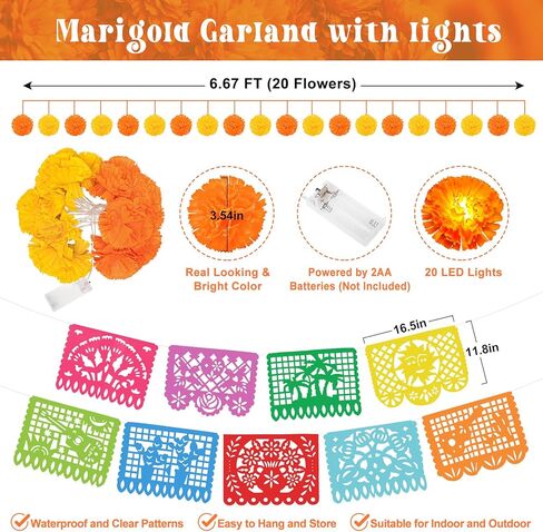 مجموعة ديكورات يوم الموتى من Roberly مكونة من 58 قطعة، 2 إكليل قطيفة، 9 لافتات بيكادو بابيل، 30 زهرة قطيفة، 9 جمجمة سكر، 12 فراشة زائفة، 7 كرات ورقية للديوالي الهندي ديا دي لوس مويرتوس in Kuwait