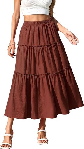 تنورة نسائية من Dressever بتصميم Bohe متوسطة الطول مرنة بخصر عالٍ على شكل حرف A وتنورة كاجوال مكشكشة واسعة in Kuwait