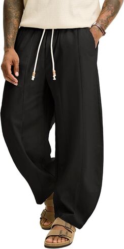 JEMLDL Men's Baggy Cotton Linen Pants Pleated Barrel Leg Trousers Drawstring Summer Beach Casual Pants in Kuwait