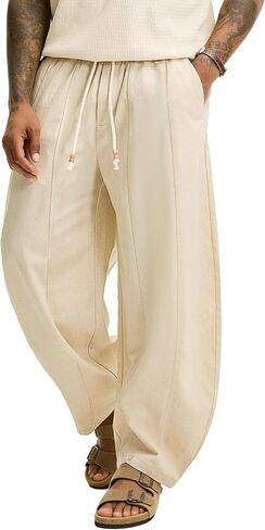 JEMLDL Men's Baggy Cotton Linen Pants Pleated Barrel Leg Trousers Drawstring Summer Beach Casual Pants in Saudi Arabia