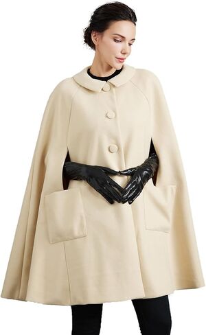 Women Wool Blend Cape Coat with Pockets Vintage Idyllic Single-Breasted Pea Coat Outwear for Fall Winter in Saudi Arabia
