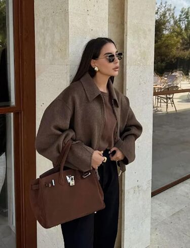 جاكيت نسائي من الصوف المقصوص للشتاء الدافئ جاكيت منفوخ من الصوف بسحاب معاطف قصيرة مع جيوب (بني-S) in Kuwait