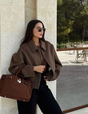 جاكيت نسائي من الصوف المقصوص للشتاء الدافئ جاكيت منفوخ من الصوف بسحاب معاطف قصيرة مع جيوب (بني-S) in Kuwait