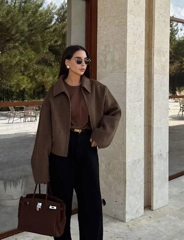 جاكيت نسائي من الصوف المقصوص للشتاء الدافئ جاكيت منفوخ من الصوف بسحاب معاطف قصيرة مع جيوب (بني-S) in Kuwait