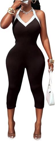 WDIRARA Women's Color Block Halter Jumpsuit V Neck Sleeveless Unitards Tie Backless Skinny Pants Romper in Saudi Arabia
