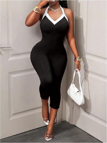 WDIRARA Women's Color Block Halter Jumpsuit V Neck Sleeveless Unitards Tie Backless Skinny Pants Romper in Saudi Arabia