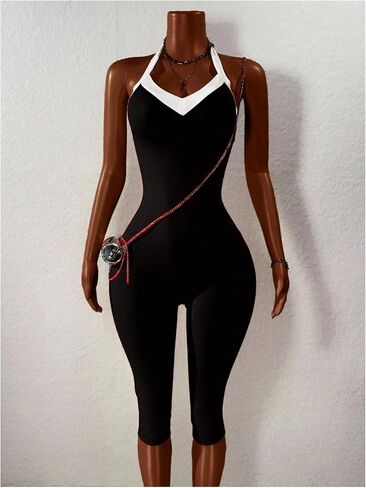 WDIRARA Women's Color Block Halter Jumpsuit V Neck Sleeveless Unitards Tie Backless Skinny Pants Romper in Saudi Arabia