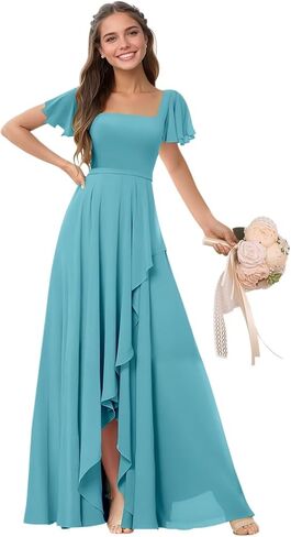 فساتين وصيفة العروس برقبة مربعة للنساء من الشيفون وأكمام مرفرفة فستان رسمي للسهرة مع فتحة in Kuwait