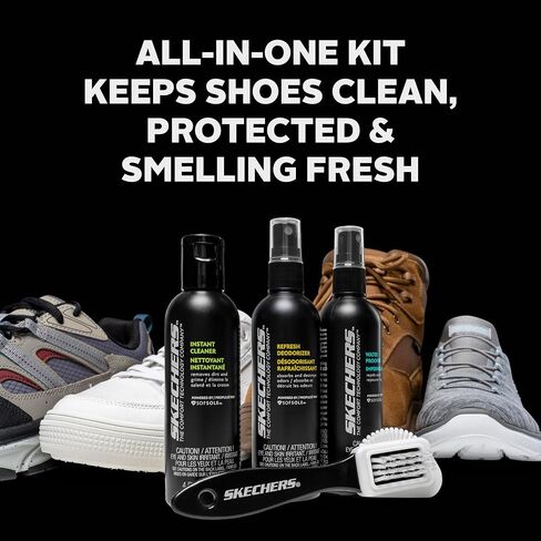 مجموعة العناية بالأحذية Sof Sole x Skechers - مجموعة تنظيف الأحذية الكل في واحد مع منظف الأحذية الرياضية، ومزيل الروائح الكريهة للأحذية، وبخاخ مقاوم للماء وفرشاة - زجاجات 118 مل مع رشاشات مضخة - العناية بالأحذية للأحذية الرياضية in Saudi Arabia