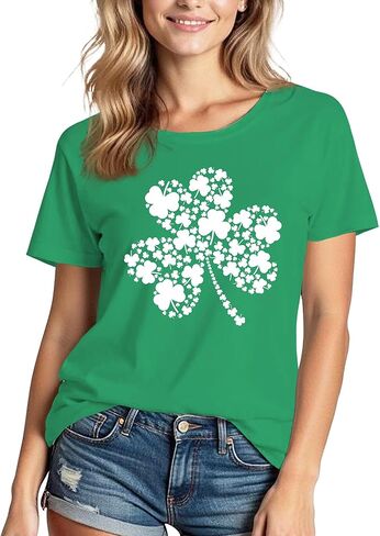 قمصان عيد القديس باتريك للنساء: تي شيرت مطبوع عالي الجودة برقبة دائرية وأكمام قصيرة من Lucky Irish Shamrock in Kuwait