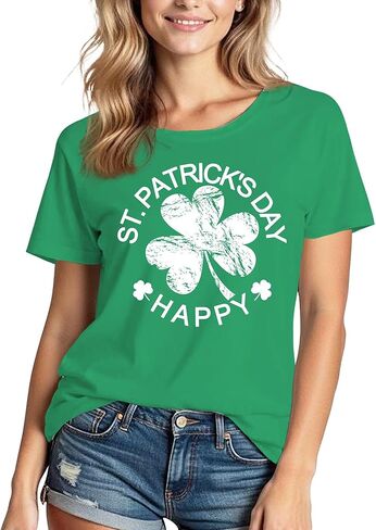 قمصان عيد القديس باتريك للنساء: تي شيرت مطبوع عالي الجودة برقبة دائرية وأكمام قصيرة من Lucky Irish Shamrock in Kuwait