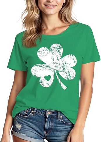 قمصان عيد القديس باتريك للنساء: تي شيرت مطبوع عالي الجودة برقبة دائرية وأكمام قصيرة من Lucky Irish Shamrock in Kuwait