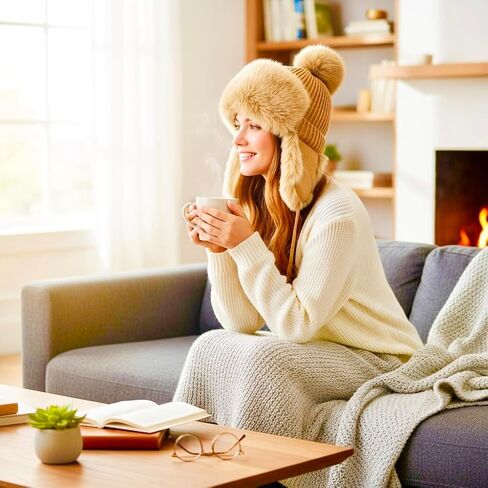 قبعة Tristan Home Winter Knit Trapper مع زخرفة من الفرو الصناعي وبوم بوم، بني فاتح، مقاس واحد in Saudi Arabia