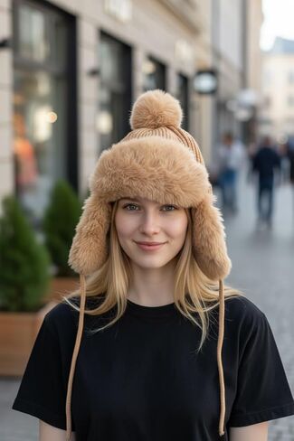 قبعة Tristan Home Winter Knit Trapper مع زخرفة من الفرو الصناعي وبوم بوم، بني فاتح، مقاس واحد in Saudi Arabia