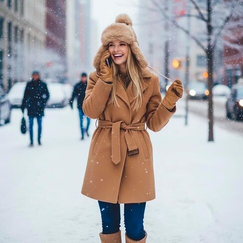 قبعة Tristan Home Winter Knit Trapper مع زخرفة من الفرو الصناعي وبوم بوم، بني فاتح، مقاس واحد in Saudi Arabia