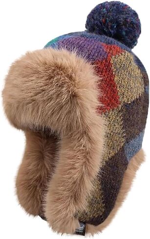 Women's Colorful Knit Trapper Hat with Faux Fur Ear Flaps & Pom Pom,Warm Winter Beanie Hat, Windproof Snow Skull Caps in Saudi Arabia