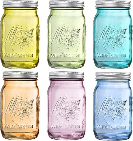 برطمانات ماسون من WELLIFE سعة 32 أونصة - 6 قطع برطمانات ماسون ملونة مع أغطية. آمنة للتخزين، برطمانات ماسون ربع لتر واسعة الفم. التخليل والحفظ والتخمير والحرف اليدوية والديكور in Kuwait