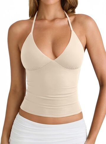 PINKMSTYLE Women Sexy Halter V Neck Backless Double Lined Tank Top Summer Sleeveless Going Out Y2K Trendy Cami Tops in Saudi Arabia