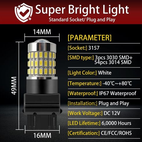 3157 مصابيح إضاءة لوقوف السيارات متوافقة مع Ford F-150 F-250 F-350 Super Duty 1999-2014، 3457 4157 لمبة، 6000LM سطوع 360%، 6000K مصابيح إضاءة بيضاء باردة، التوصيل والتشغيل، حزمة من 2 in Kuwait