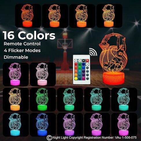 fun&art 3D Night Light SG Basketball Player with Ball, 16 Colors Changing + Remote Control, Optical Illusion lamp, Perfect Idea for Kids and Adults for Room/Living Room Home Decoration in Saudi Arabia