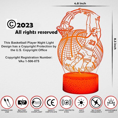 fun&art 3D Night Light SG Basketball Player with Ball, 16 Colors Changing + Remote Control, Optical Illusion lamp, Perfect Idea for Kids and Adults for Room/Living Room Home Decoration in Saudi Arabia