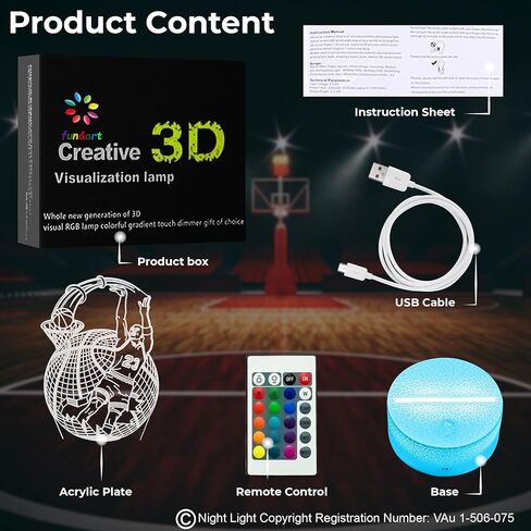 fun&art 3D Night Light SG Basketball Player with Ball, 16 Colors Changing + Remote Control, Optical Illusion lamp, Perfect Idea for Kids and Adults for Room/Living Room Home Decoration in Saudi Arabia