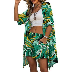 REDHOTYPE ملابس نسائية للعطلات على طراز هاواي، طقم مكون من قطعتين، غطاء طويل نصف كم، مجموعة شورتات، فساتين الشاطئ (S-XL) in Kuwait