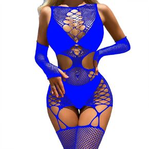 Womens Sleeveless Fishnet Bodystocking Sexy Rave Outfits, Criss-cross Hollow Mesh Bodysuit Stockings with Gloves in Kuwait