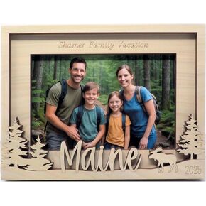 Personalized Maine Vacation Picture Frame, Wooden Photo Frame with Pine Trees and Moose Design, Family Memory Keepsake, 2025 in Saudi Arabia