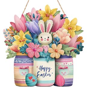 Happy Easter Door Sign Easter Wreath Hanging Sign Wood Easter Door Hanger Rabbit Sign Cute Bunny Flower Front Door Sign Rabbit Lily Door Hanger for Spring Farmhouse Windows Porch Decoration in Saudi Arabia