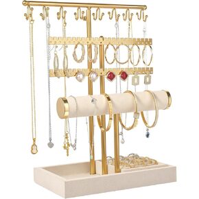 حامل منظم مجوهرات من 3 طبقات مع صينية حلقية - طول قابل للتعديل 17.7 بوصة (كحد أقصى)، حامل مجوهرات للقلادة، السوار، القرط، تخزين الخواتم، حامل تخزين عرض المجوهرات للنساء in Kuwait