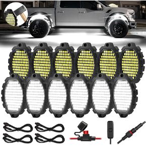 12 علبة معدنية 1116 مصباح LED من أضواء الصخور البيضاء النقية مع حزام أسلاك التبديل، إضاءة فائقة السطوع تحت الوهج مقاومة للماء من الألومنيوم LED للشاحنات Jeep OffRoad ATV UTV SUV، التوصيل والتشغيل، سهلة التركيب in Kuwait