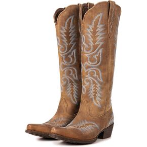 Montana West Cowboy Boots for Women Knee High Calf Cowgirl Boots Zippered Casual Boots Retro Pointed Toe with Chunky Heel for Concerts & Parties in Kuwait