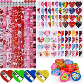 مجموعة قرطاسية لأقلام عيد الحب للأطفال، 12 قلم رصاص، 12 ممحاة قلب، 4 مبراة أقلام ملونة، و192 ملصق قلب عيد الحب - تبادل هدايا عيد الحب in Kuwait