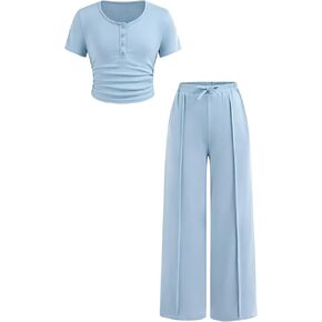 توين بنات بلون طاقم الرقبة سليم صالح زر قصيرة الأكمام أعلى و فضفاضة مستقيم الساق السراويل الصيف 2 قطعة الزي مجموعة in Kuwait