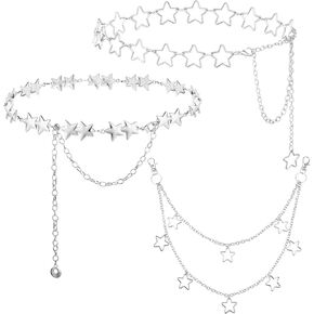 أحزمة سلسلة Y2K للنساء، سلسلة خصر على شكل نجمة، سلسلة جسم فضية مع مقاس قابل للتعديل، سلسلة سراويل للسراويل والفساتين، 3 قطع in Kuwait