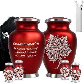 مجموعة من 6 جرار حرق جثث الورد الأحمر للرماد البشري للإناث البالغات مع جرة كبيرة للرماد للنساء، 4 تذكارات وقلادة تذكارية in Kuwait