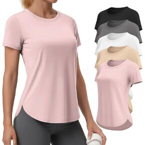 5 Pack Women's Workout Shirts Short Sleeve Crewneck T-Shirts Loose Fit Quick Dry Tees with Side Slits Running Tops in Kuwait