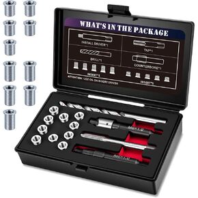 M6X1.0 Metric Thread Repair Kit with Insert HSS Drill, Tap, Installation Driver, Counterbore, Two Sizes Stainless Steel Insert 5PCS 9.4MM and 5PCS 12MM in Kuwait