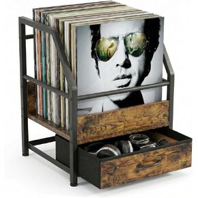 Vinyl Record Storage with Fabric Drawer, Vinyl Record Box Case Crate, Record Album Holder, Desktop Metal & Wooden LP Record Crate (Art Deco) in Kuwait