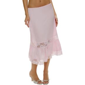 Women Satin Lace Long Skirt Lace Patchwork Maxi Skirt Half Slip Silk High Waist A Line Underskirt in Saudi Arabia