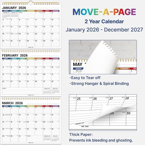 تقويم الحائط 2026-2027، تقويم عمودي لمدة 3 أشهر، تحريك الصفحة، سنتان من يناير 2026 - ديسمبر 2027، 11 بوصة × 25 بوصة، تقويم شهري كبير معلق مع كتل مسطرة، ورق سميك، ملاحظات in Kuwait