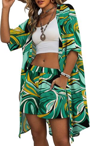 REDHOTYPE ملابس نسائية للعطلات على طراز هاواي، طقم مكون من قطعتين، غطاء طويل نصف كم، مجموعة شورتات، فساتين الشاطئ (S-XL) in Kuwait